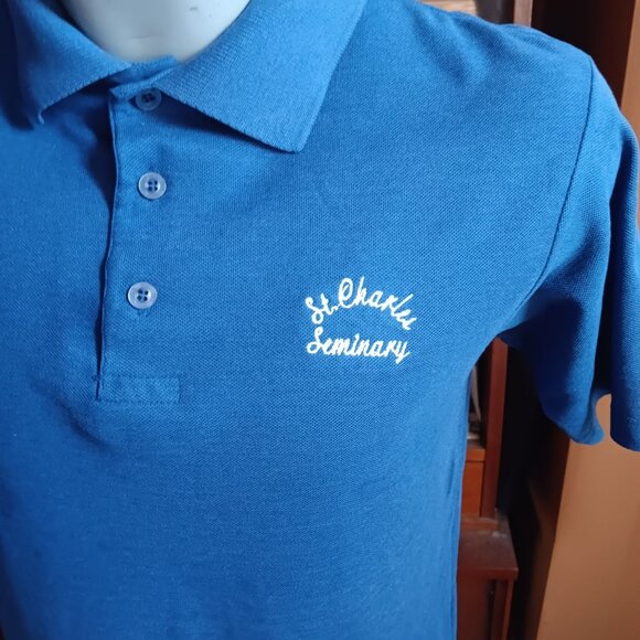 Vintage Mens Polo Shirt LARGE 80's CHAMPION KNIT EMBROIDERED SEMINARY BLUE GOLF - Picture 1 of 9